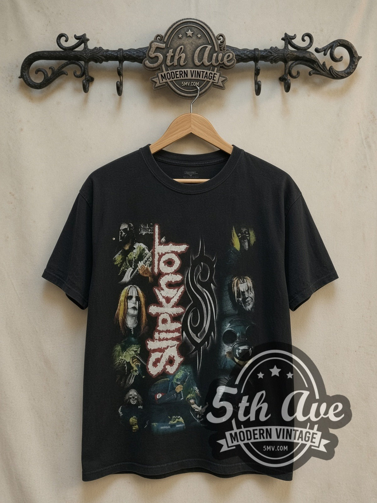 Slipknot Vertical Logo Tribal S Mask Collage vintage band t-shirt, front view on the 5MV rack