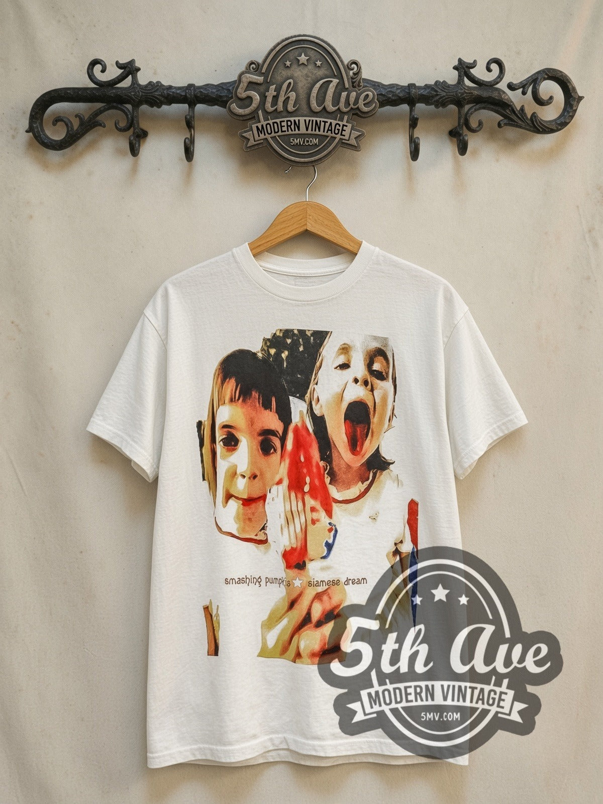 The Smashing Pumpkins Siamese Dream Rock Invasion tour 1993 vintage band t-shirt in white, front view on the 5MV rack