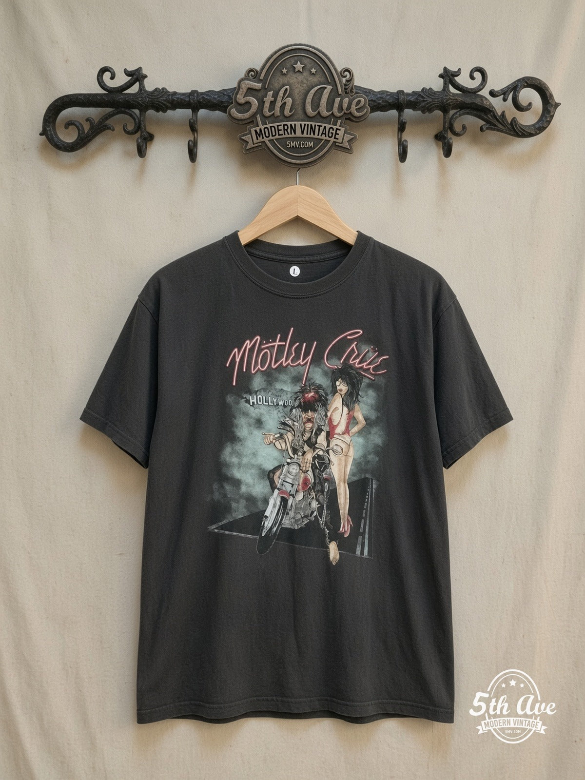 Rev Up Your Style: The Mötley Crüe 'American Seduction' Captain Boot T – ag T-Shirt – Vintage Band T-Shirt — front on locked cream ornate 5th Ave rack