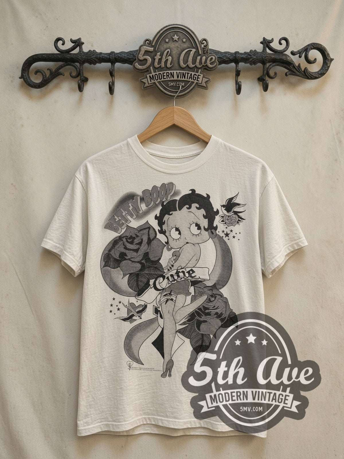 Betty Boop Cutie Tattoo Roses White vintage cartoon tee in white, front view on a display rack