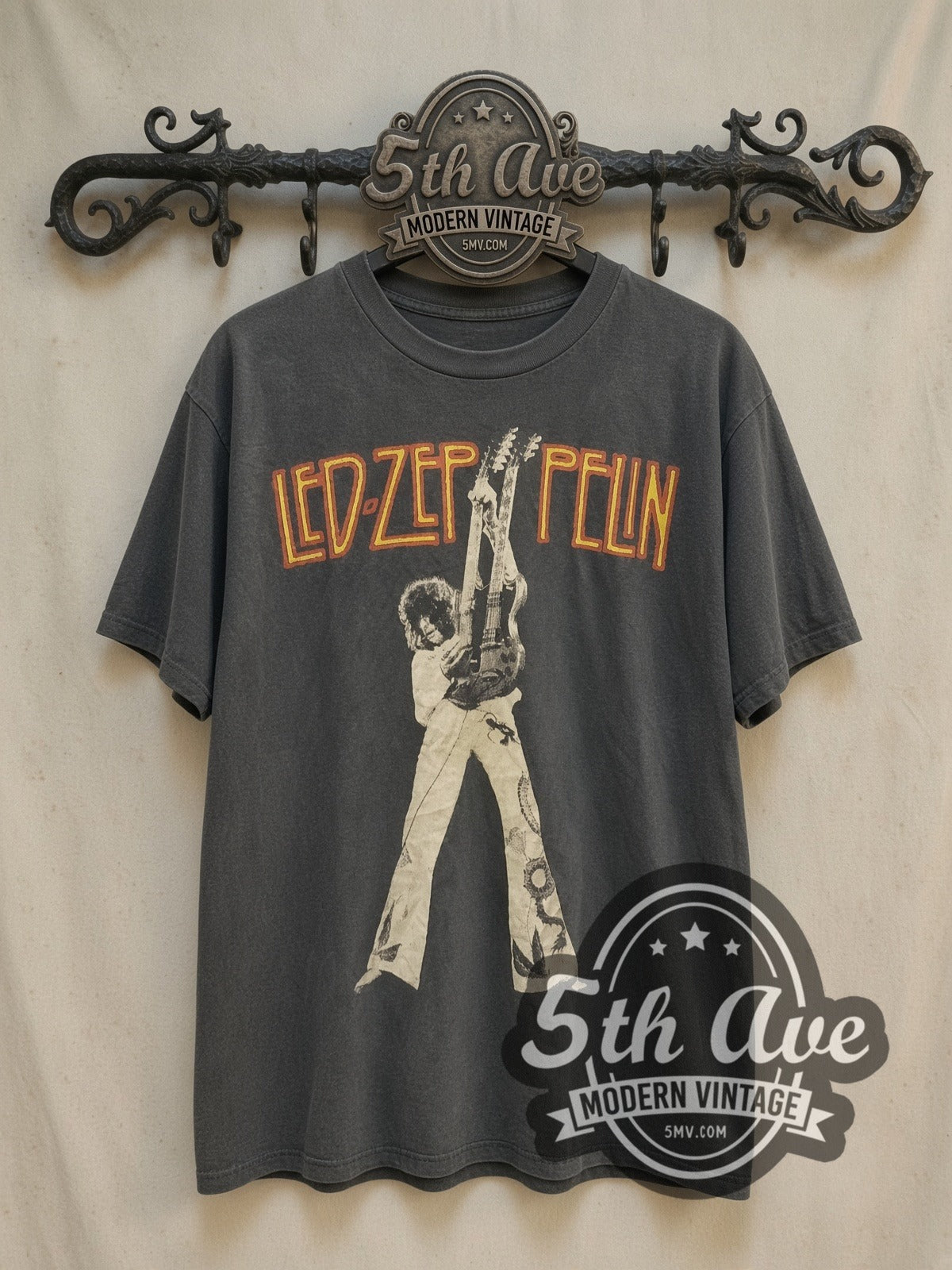 Led Zeppelin Jimmy Page Double Neck vintage band t-shirt, front view on a display rack