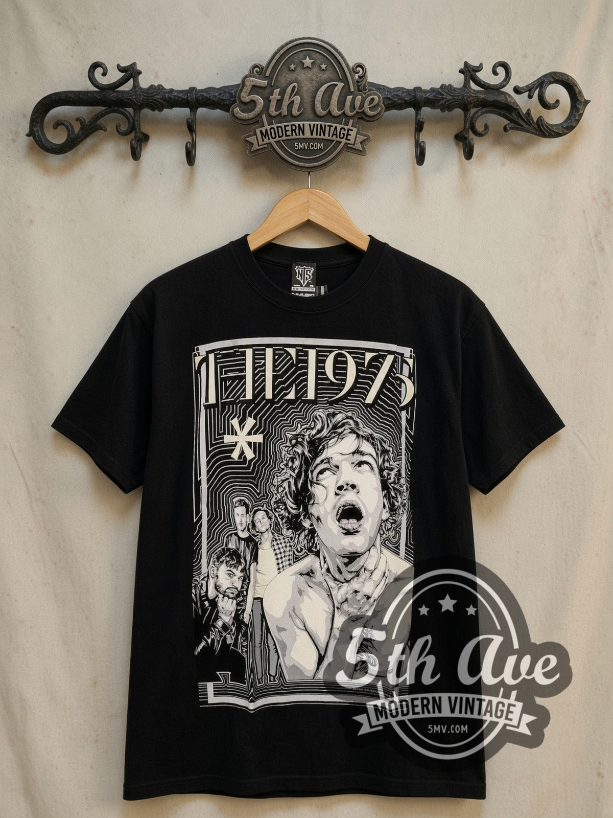 The 1975 Matty Healy Shirtless Band Asterisk vintage band t-shirt, front view on the 5MV rack