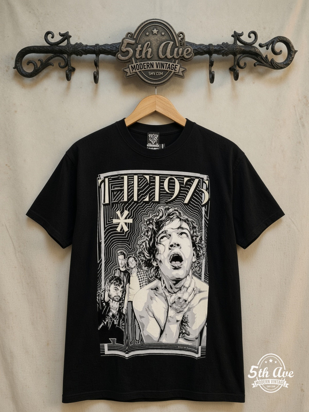 The 1975 – Matty Healy Shirtless Band Asterisk – Vintage Band T-Shirt — front on locked cream ornate 5th Ave rack