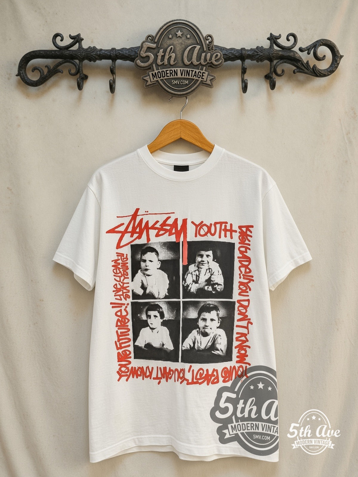 Youth Brigade x Stüssy – Live Clean Stay Young – Vintage Band T-Shirt — front on locked cream ornate 5th Ave rack