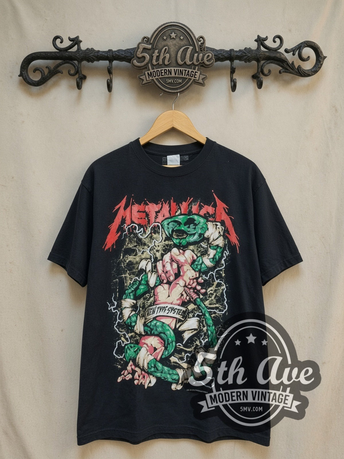 Metallica New Type System Fist Green Snake vintage band t-shirt, front view on the 5MV rack