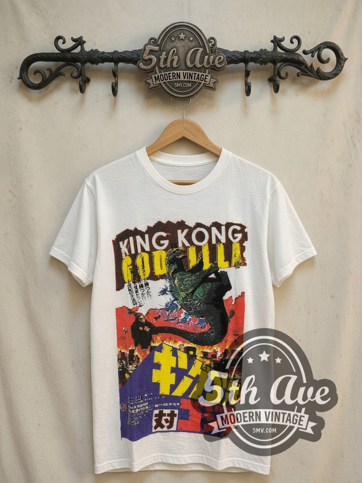 King Kong vs. Godzilla 1962 vintage movie t-shirt, front view on a display rack