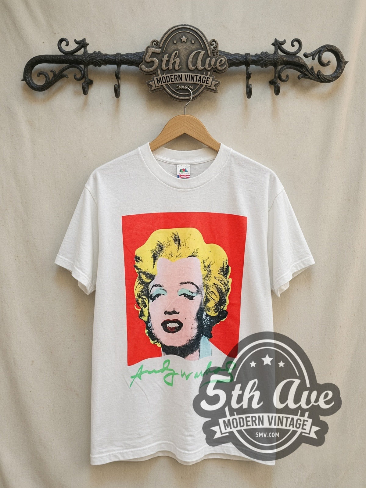 Marilyn Monroe Andy Warhol Signature Art vintage movie tee in white, front view on the 5MV rack