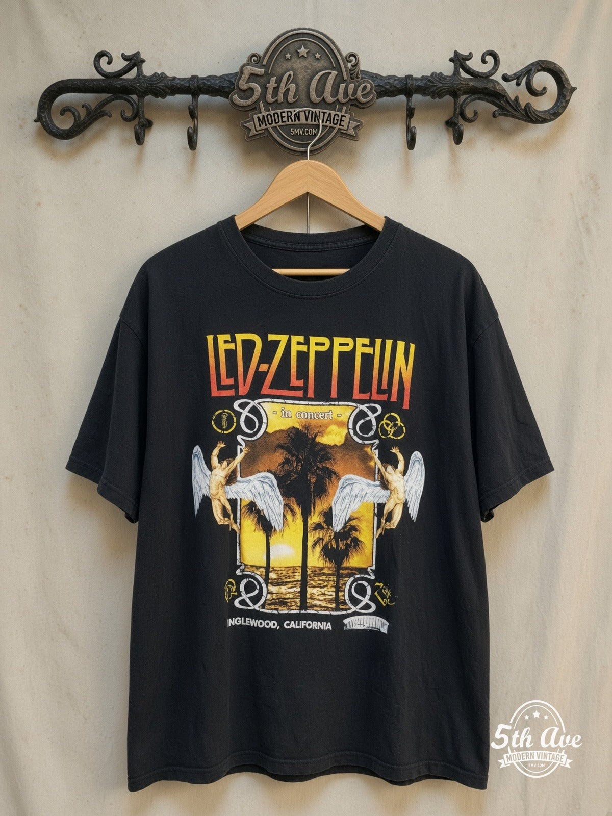 Led Zeppelin – Inglewood California Concert – Vintage Band T-Shirt — front on locked cream ornate 5th Ave rack