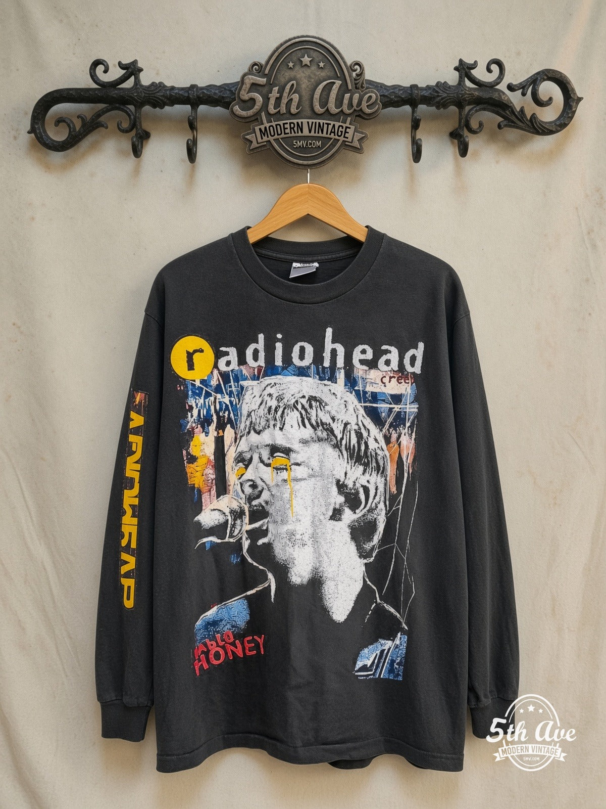 Radiohead – Pablo Honey Creep – Vintage Band T-Shirt — front on locked cream ornate 5th Ave rack