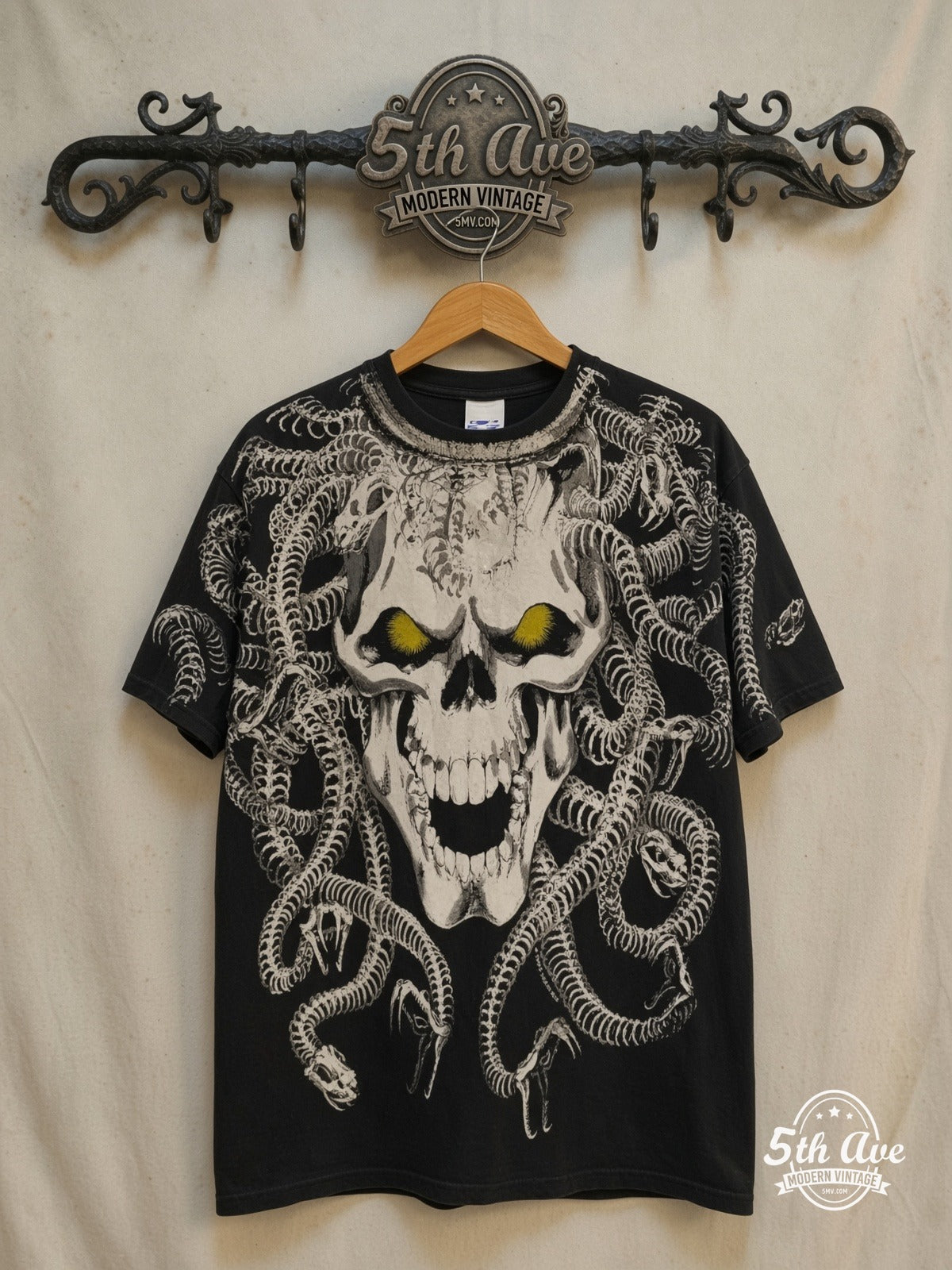 Medusa Skull all-over-print vintage graphic tee, front view on the 5MV rack