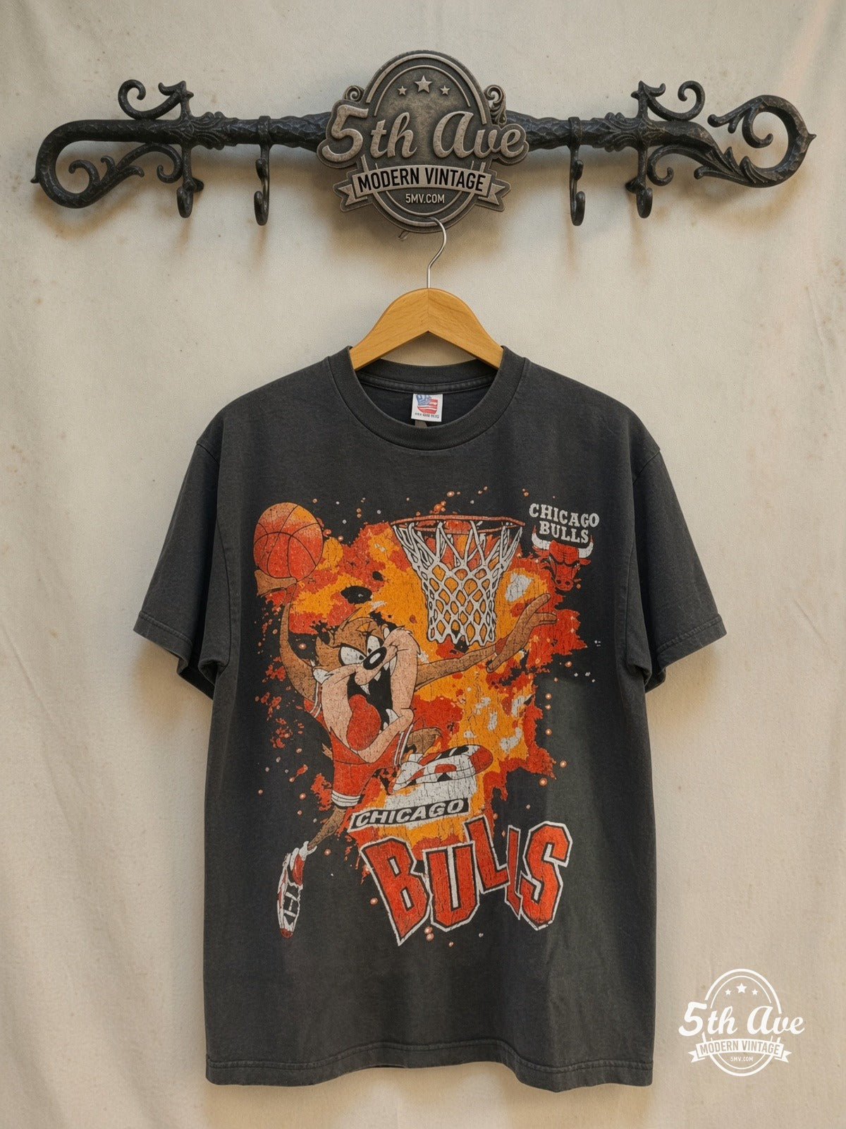 Looney Tunes – Taz-Mania x Chicago Bulls – New Vintage Graphic Tee — front on locked cream ornate 5th Ave rack