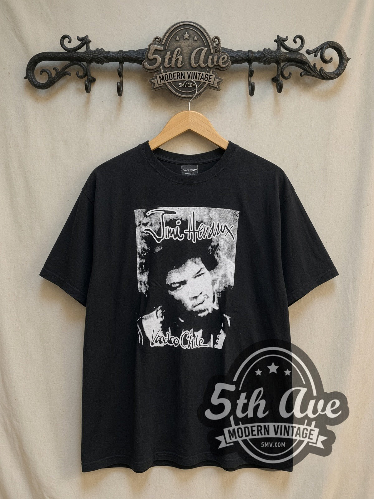 Jimi Hendrix Voodoo Child vintage band t-shirt, front view on a display rack