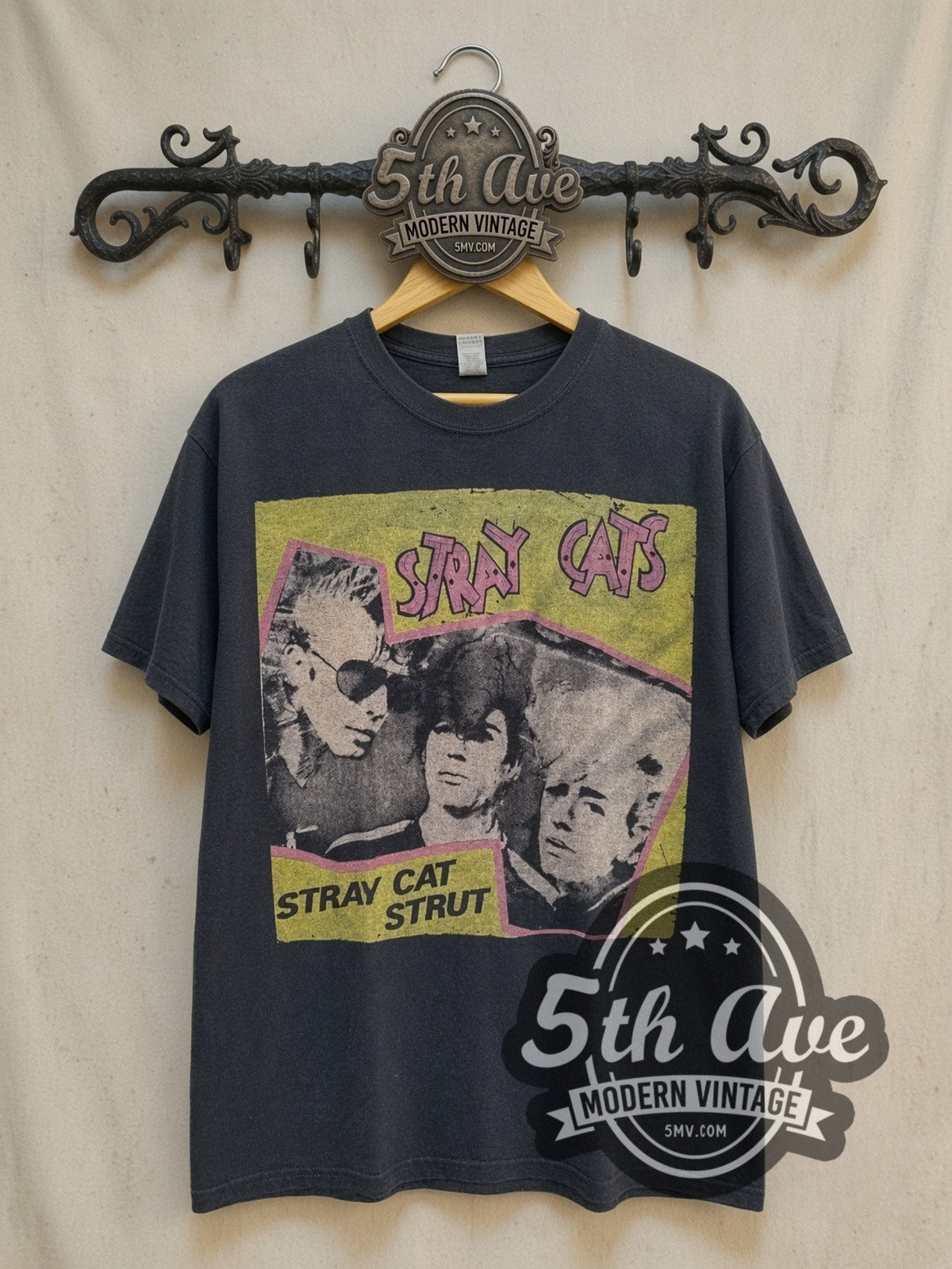 Stray Cats Strut vintage band t-shirt, front view on a display rack
