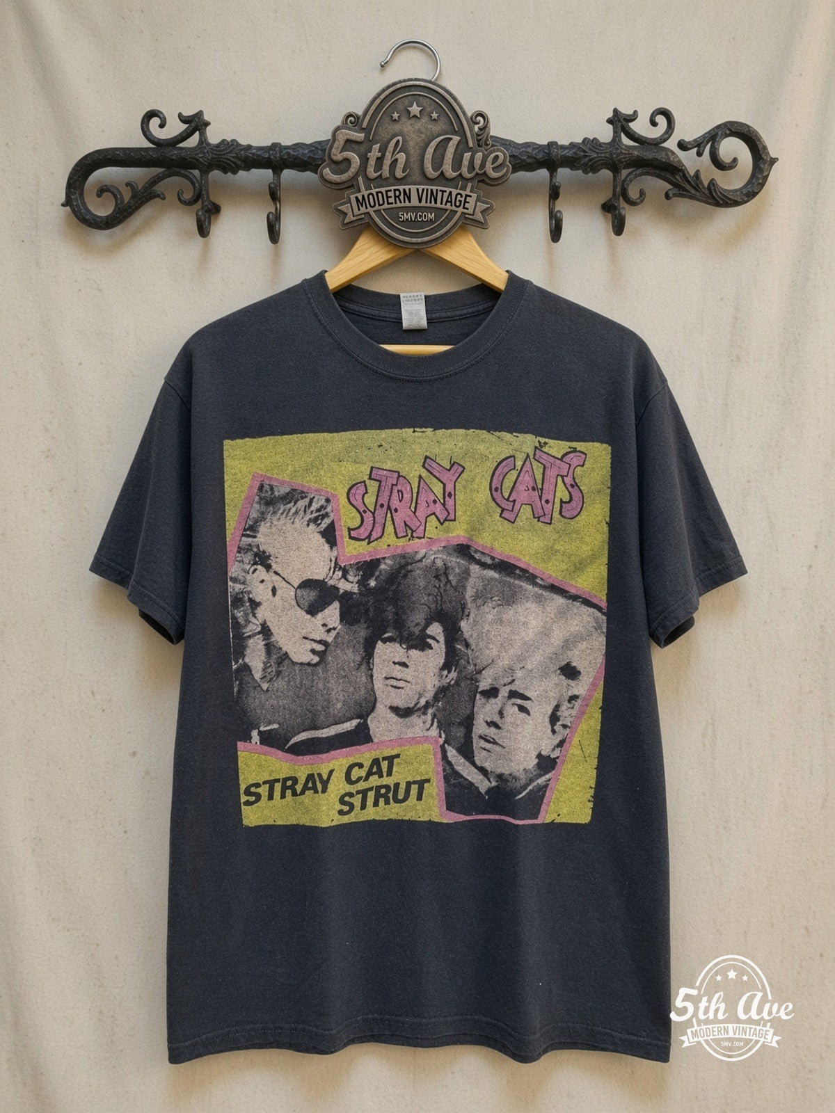 Stray Cats – Strut – Vintage Band T-Shirt — front on locked cream ornate 5th Ave rack
