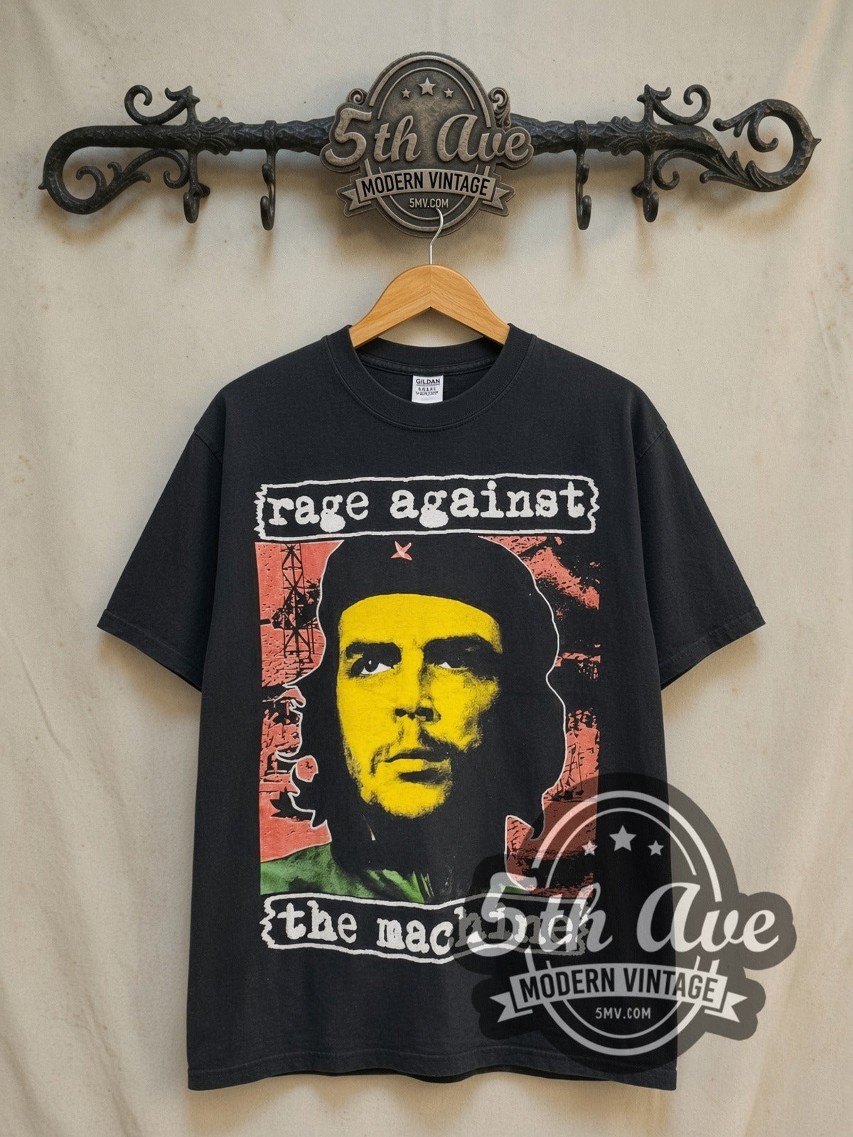 Rage Against the Machine Bombtrack vintage band t-shirt in black, front view on a display rack