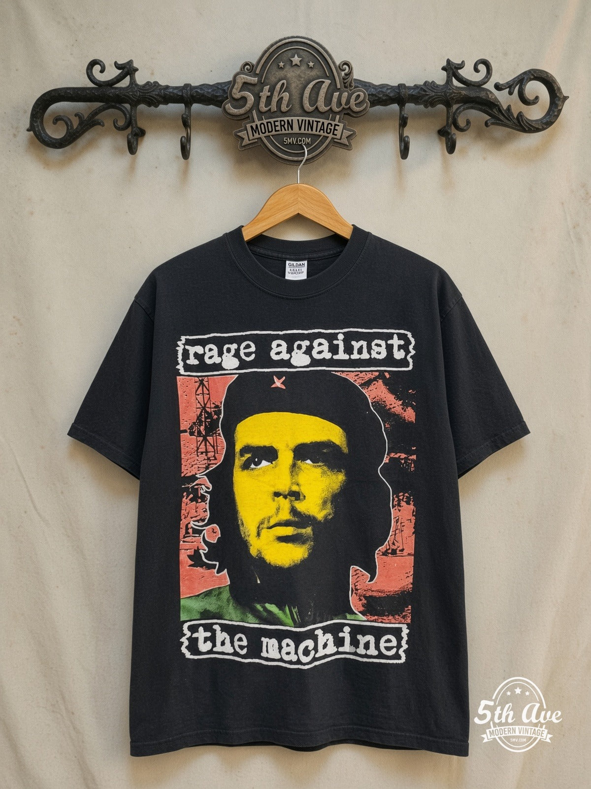 Rage Against the Machine – Bombtrack – Vintage Band T-Shirt — front on locked cream ornate 5th Ave rack
