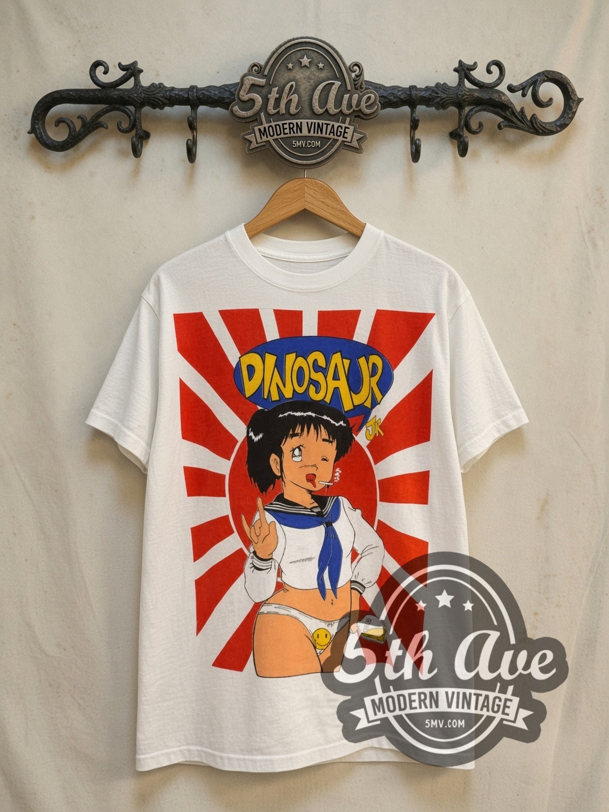 Dinosaur Jr. Graphic vintage band t-shirt in white, front view on a display rack