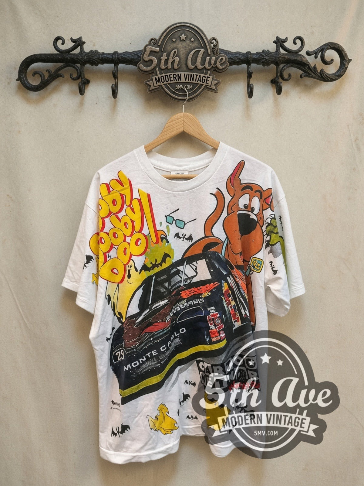 Scooby-Doo NASCAR Monte Carlo Mysteries vintage NASCAR tee, front view on a display rack
