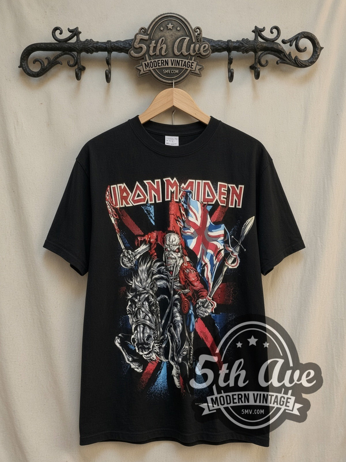 Iron Maiden Eddie Union Jack Rider vintage band t-shirt, front view on the 5MV rack