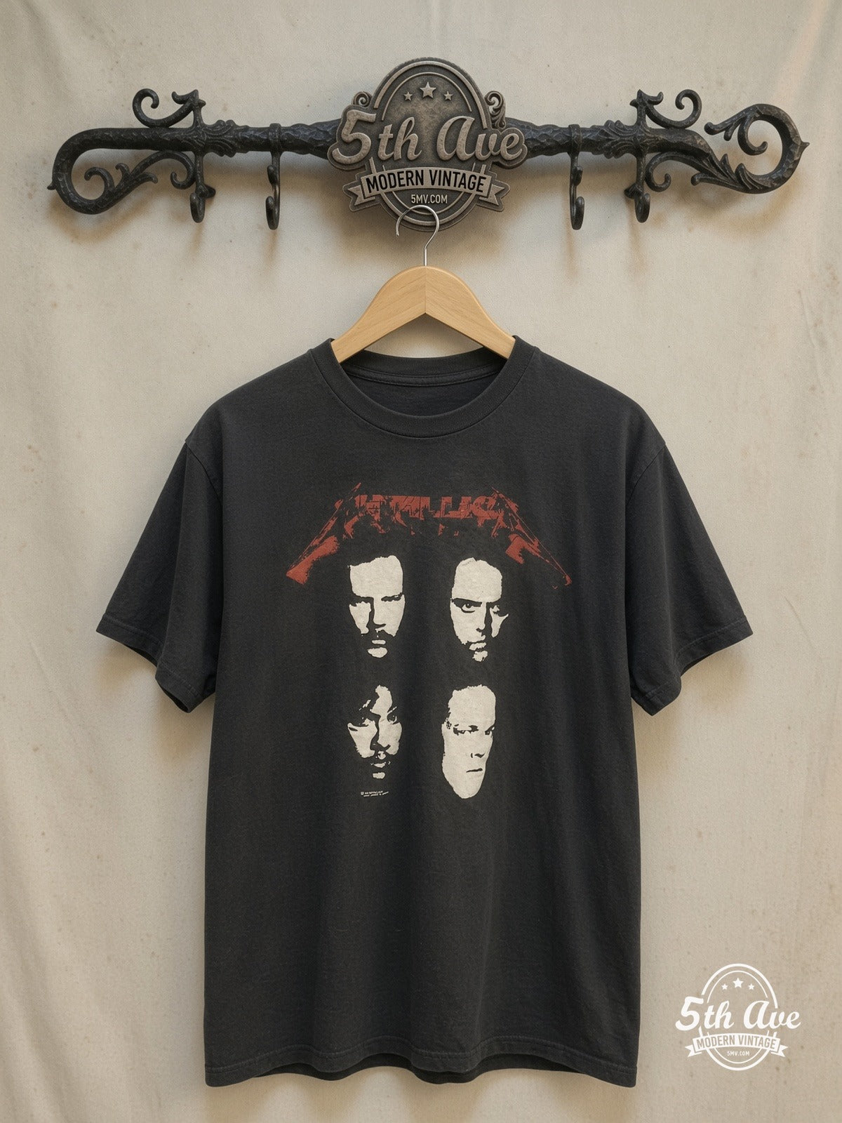 Metallica – Faces and World Tour 'Don't Tread On Me' Snake – Vintage Band T-Shirt — front on locked cream ornate 5th Ave rack