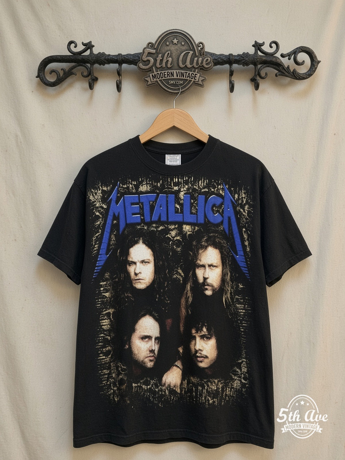 Metallica – Enter Sandman – All Over Print – Vintage Band T-Shirt — front on locked cream ornate 5th Ave rack