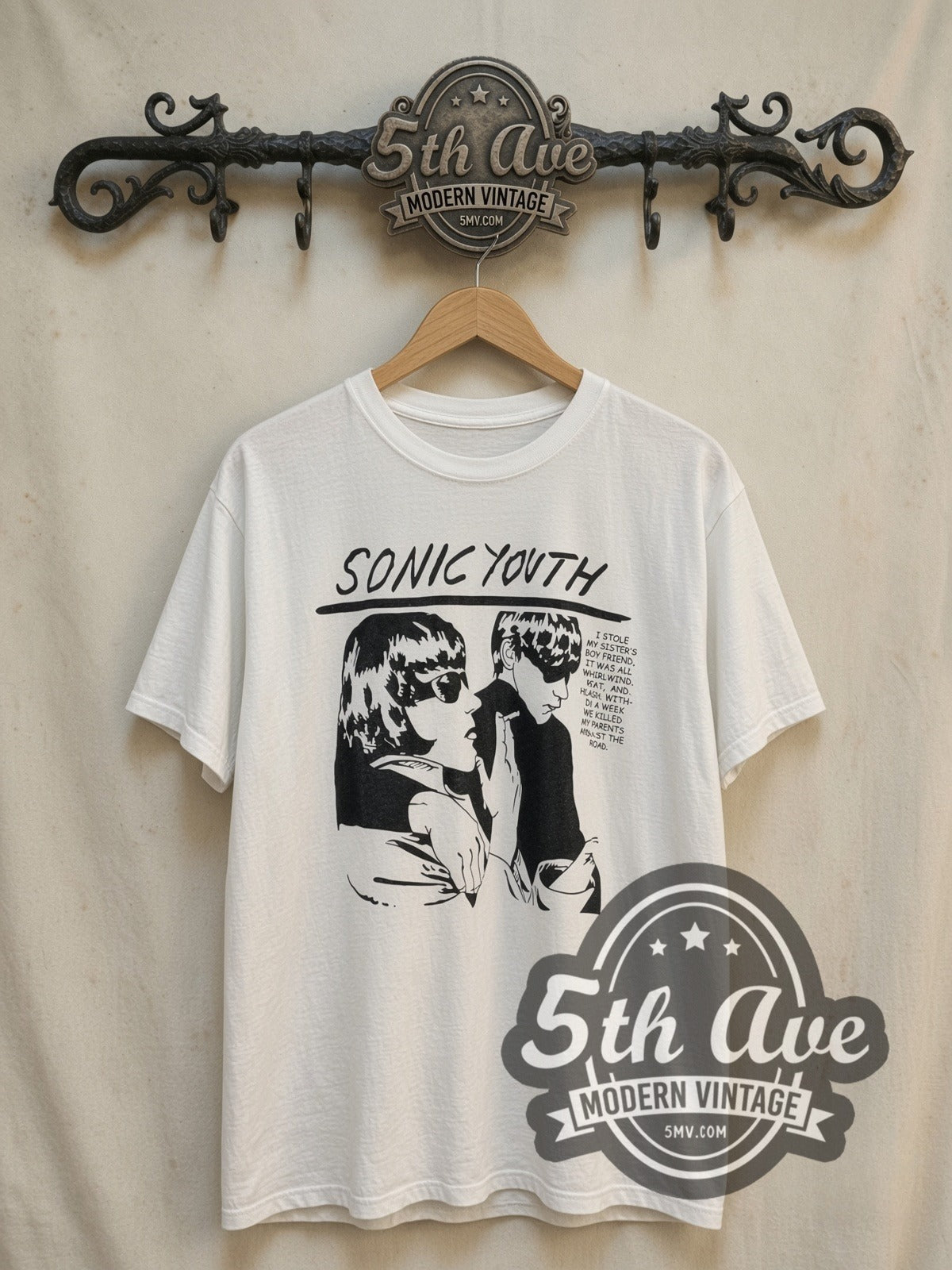 Sonic Youth Goo Album Cover White vintage band t-shirt in white, front view on a display rack