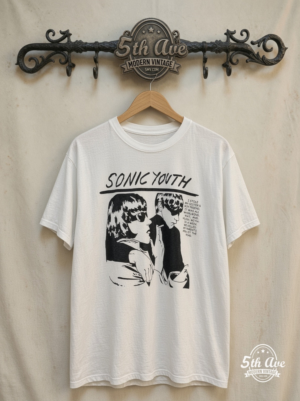 Sonic Youth – Goo Album Cover White Tee – Vintage Band T-Shirt — front on locked cream ornate 5th Ave rack