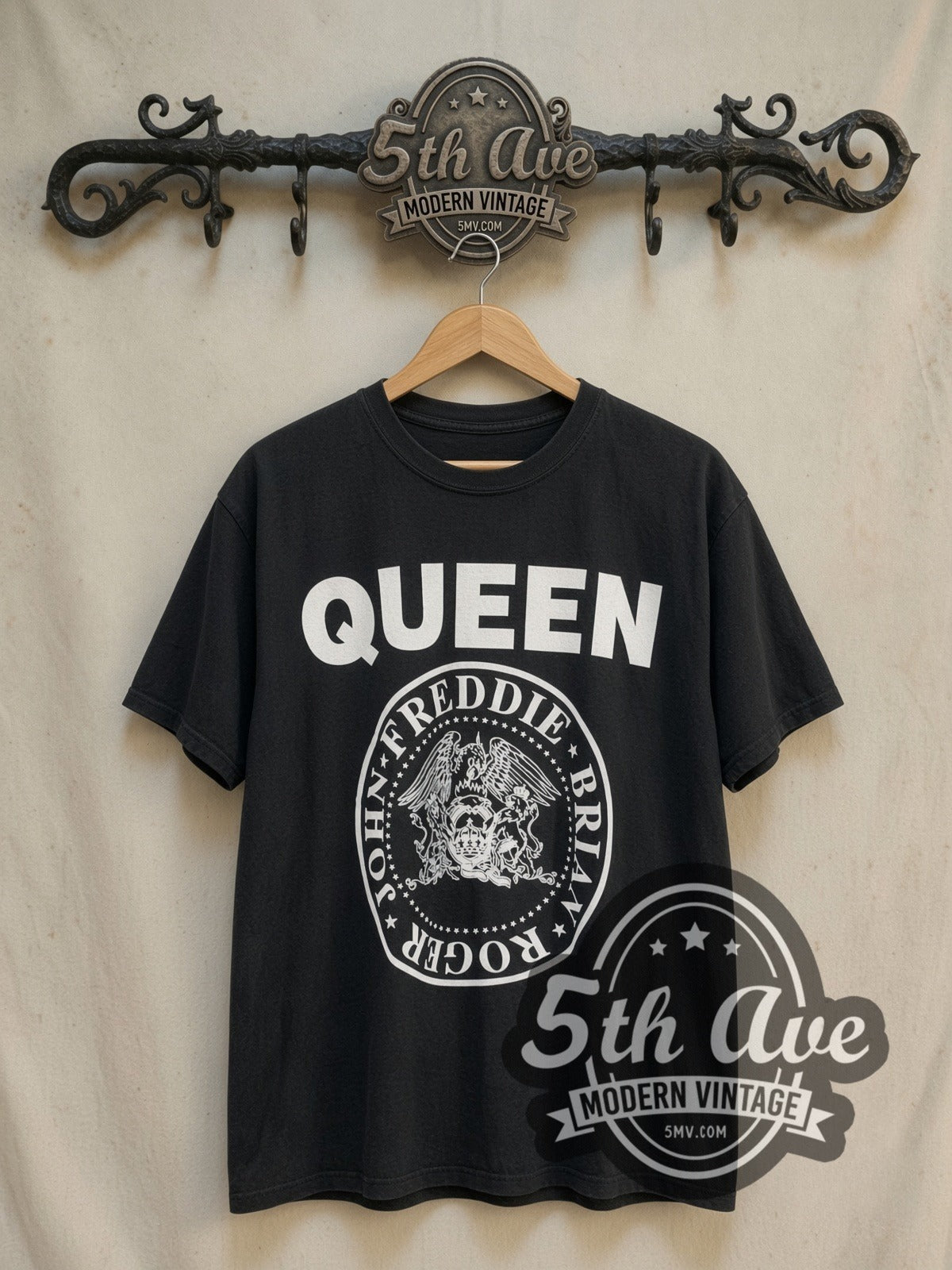 Queen Crest Circle Member Names vintage band t-shirt, front view on the 5MV rack