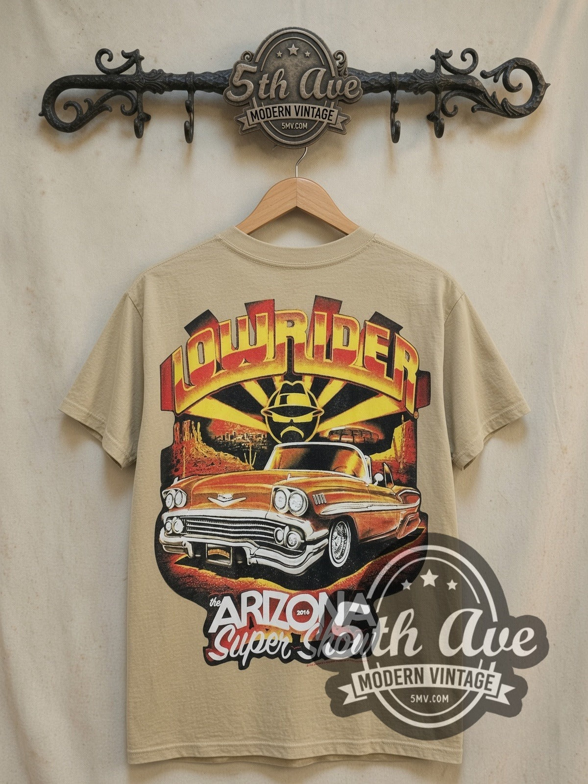 Rollin Hard Arizona Super Show Lowrider vintage graphic tee, front view on a display rack