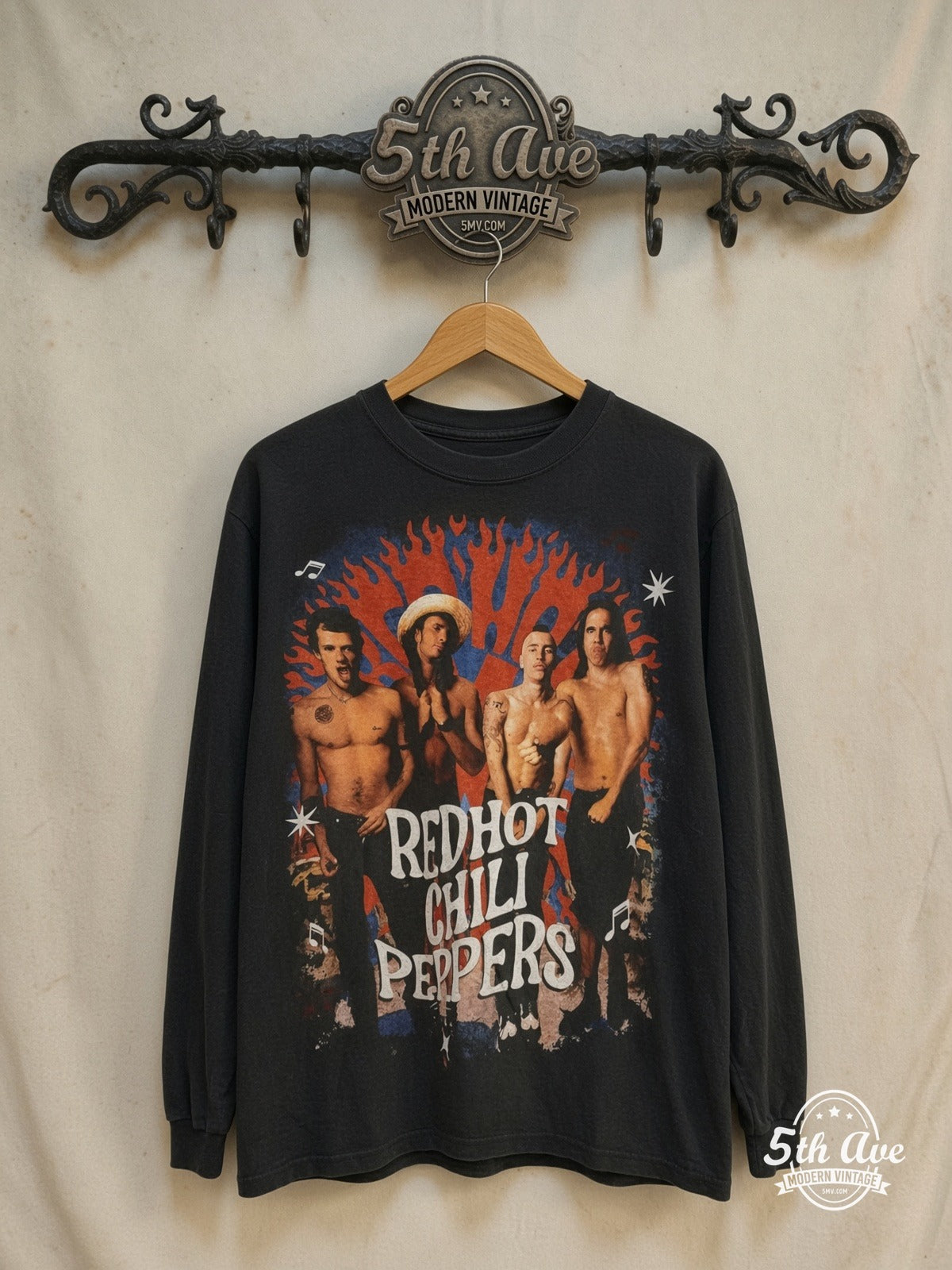 Red Hot Chili Peppers – 1982 All-Over Print – Vintage Band T-Shirt — front on locked cream ornate 5th Ave rack