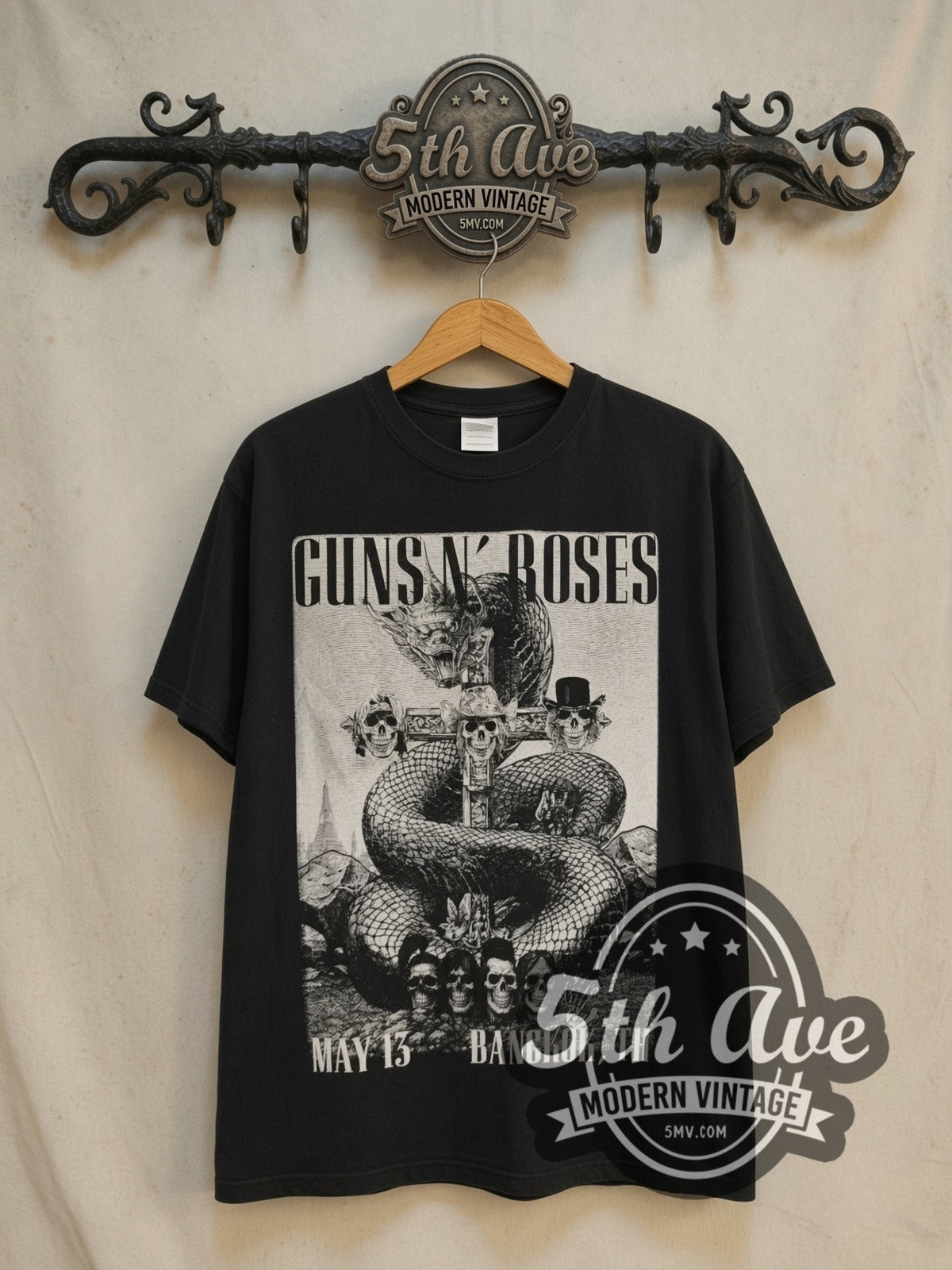 Guns N' Roses World Tour Thailand 2025 vintage band t-shirt, front view on the 5MV rack