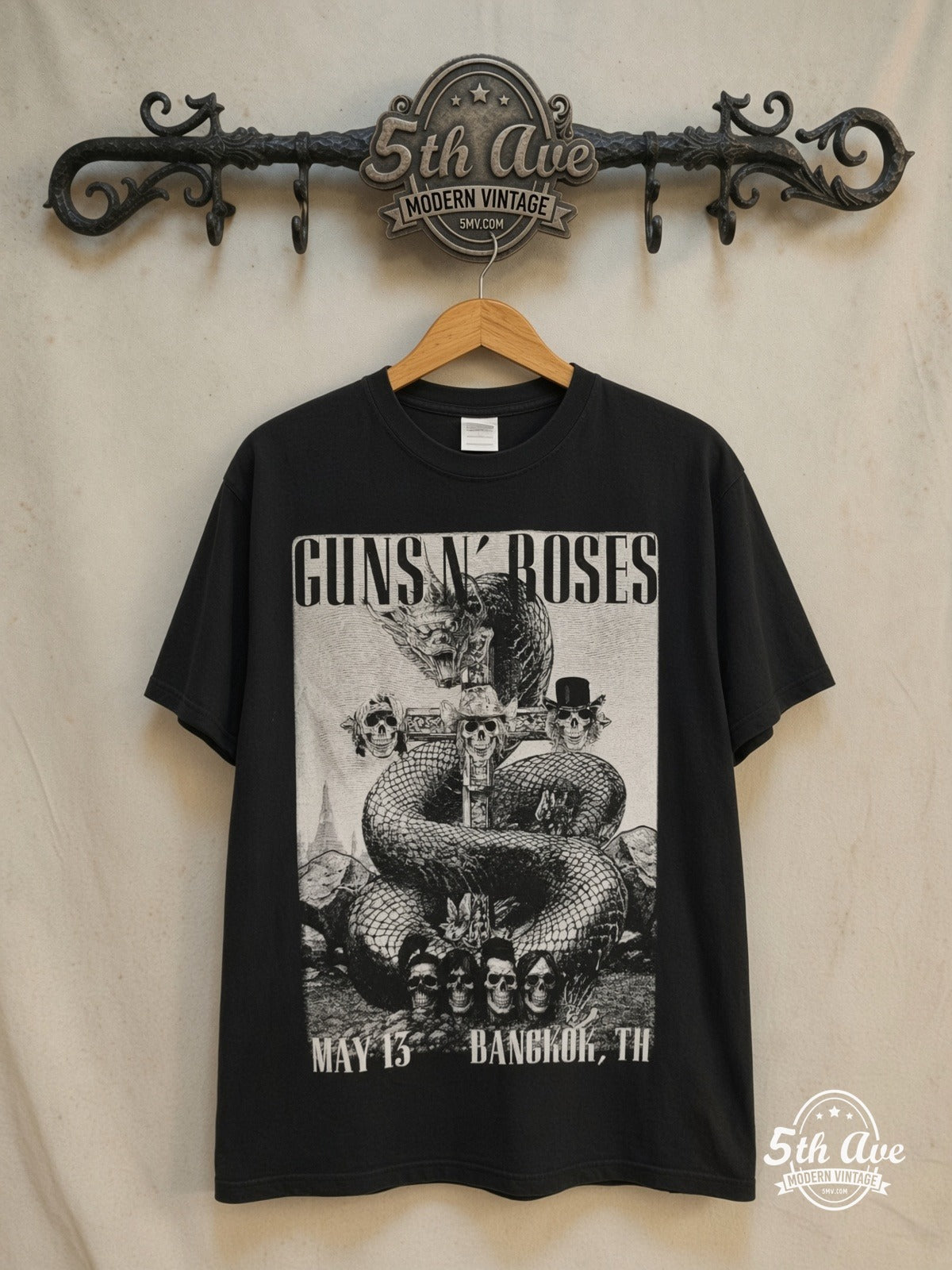 Guns N' Roses – World Tour Thailand 2025 – Vintage Band T-Shirt — front on locked cream ornate 5th Ave rack