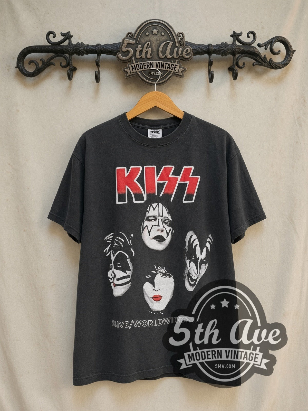 KISS Alive/Worldwide Tour 1996/1997 \m/KIϟϟ\m/ vintage band t-shirt in black, front view on the 5MV rack