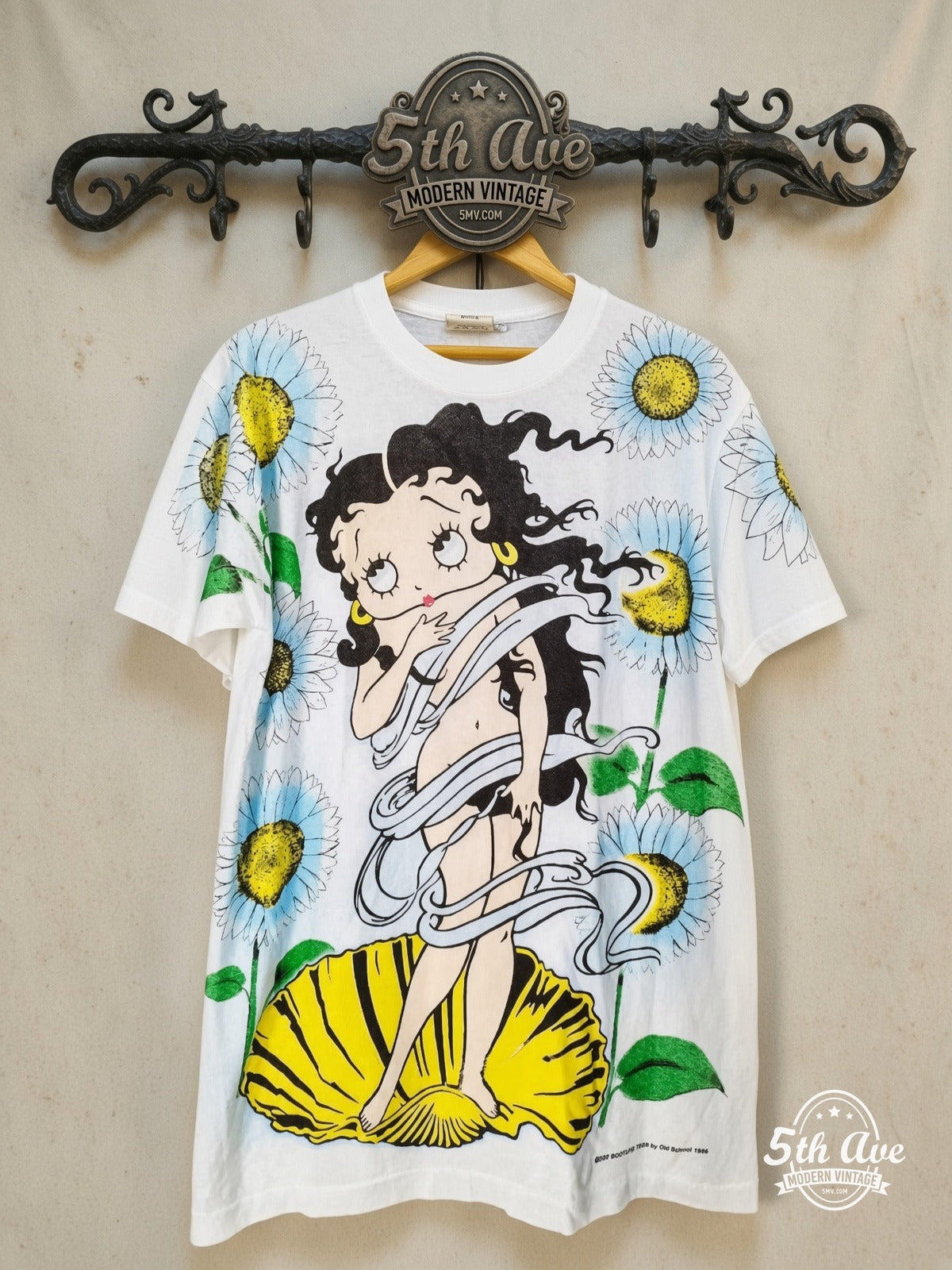 Betty Boop Birth of Venus - AOP all over print New Vintage Animation T-Shirt — front on locked cream ornate 5th Ave rack