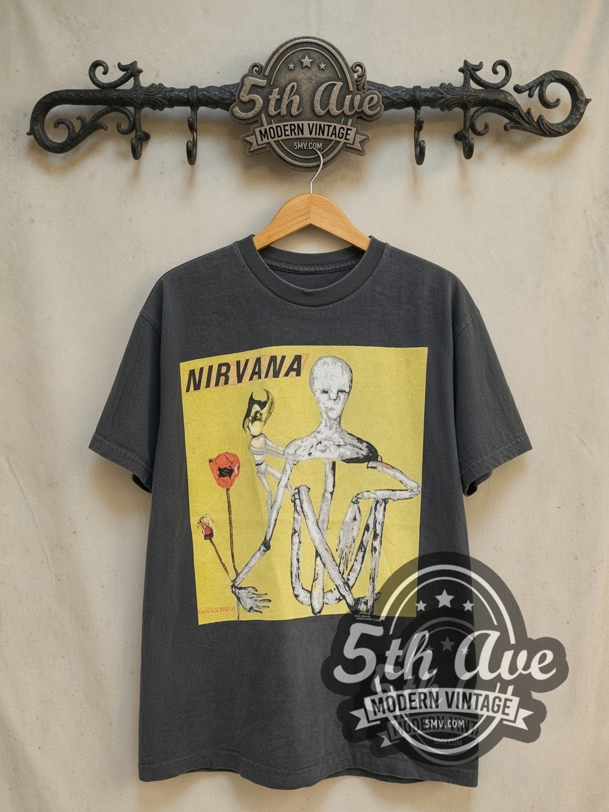 Nirvana Incesticide Fudge Packin, Crack Smokin, Satan Worshippin vintage band t-shirt in black, front view on the 5MV rack