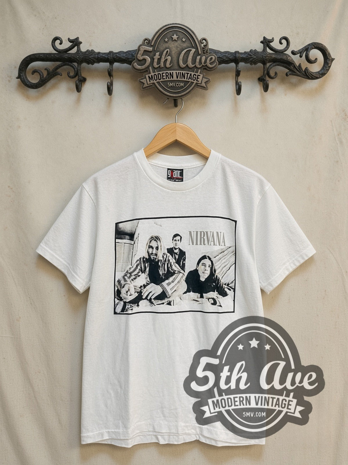 Nirvana Band Photo Kurt Plaid Portrait vintage band t-shirt, front view on the 5MV rack