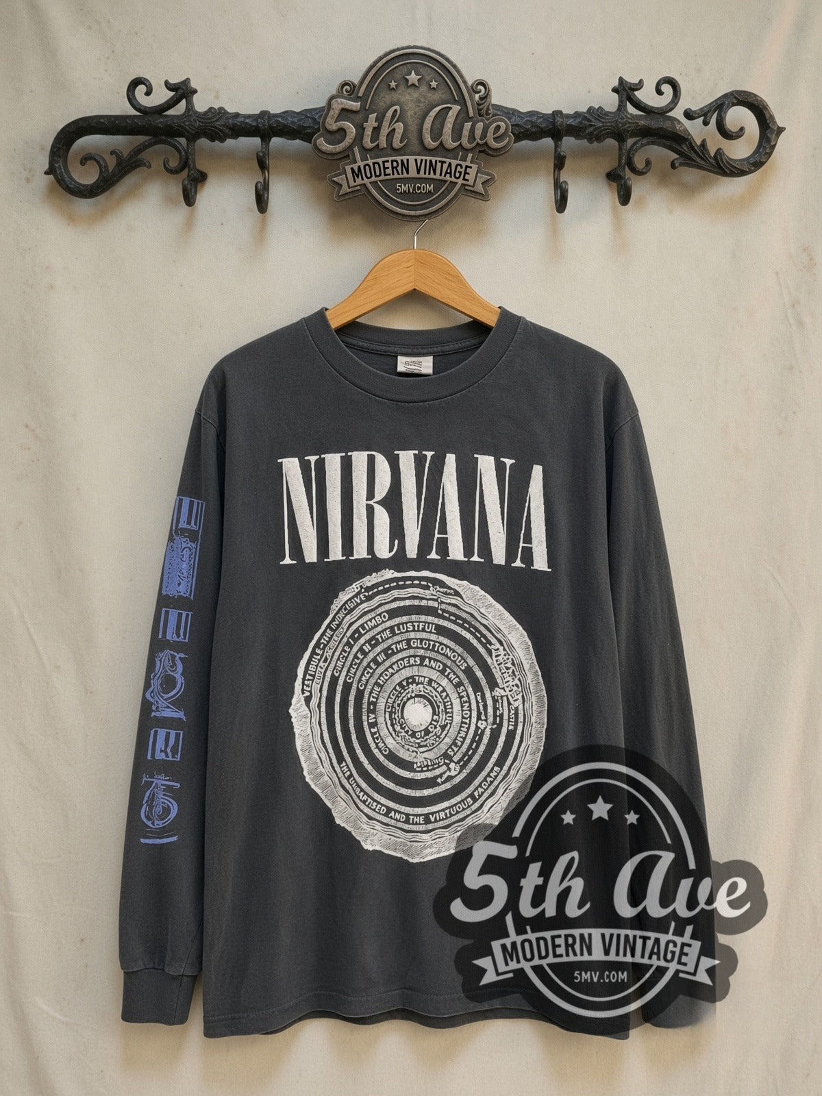 Nirvana Circles of Hell Long Sleeve Blue Prints vintage band t-shirt in black, front view on the 5MV rack