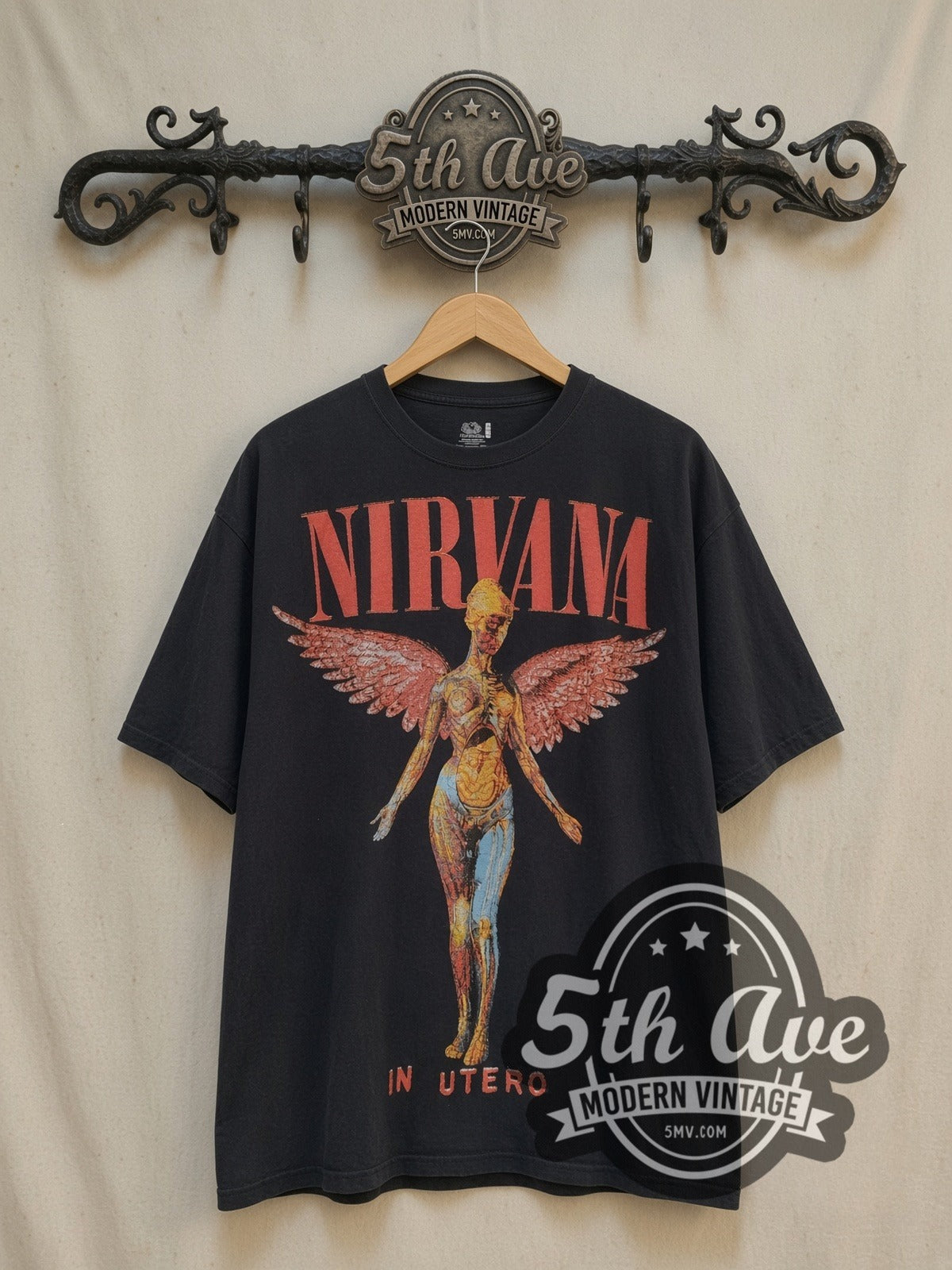 Nirvana In Utero Red Logo Pink Wings Angel vintage band t-shirt, front view on the 5MV rack