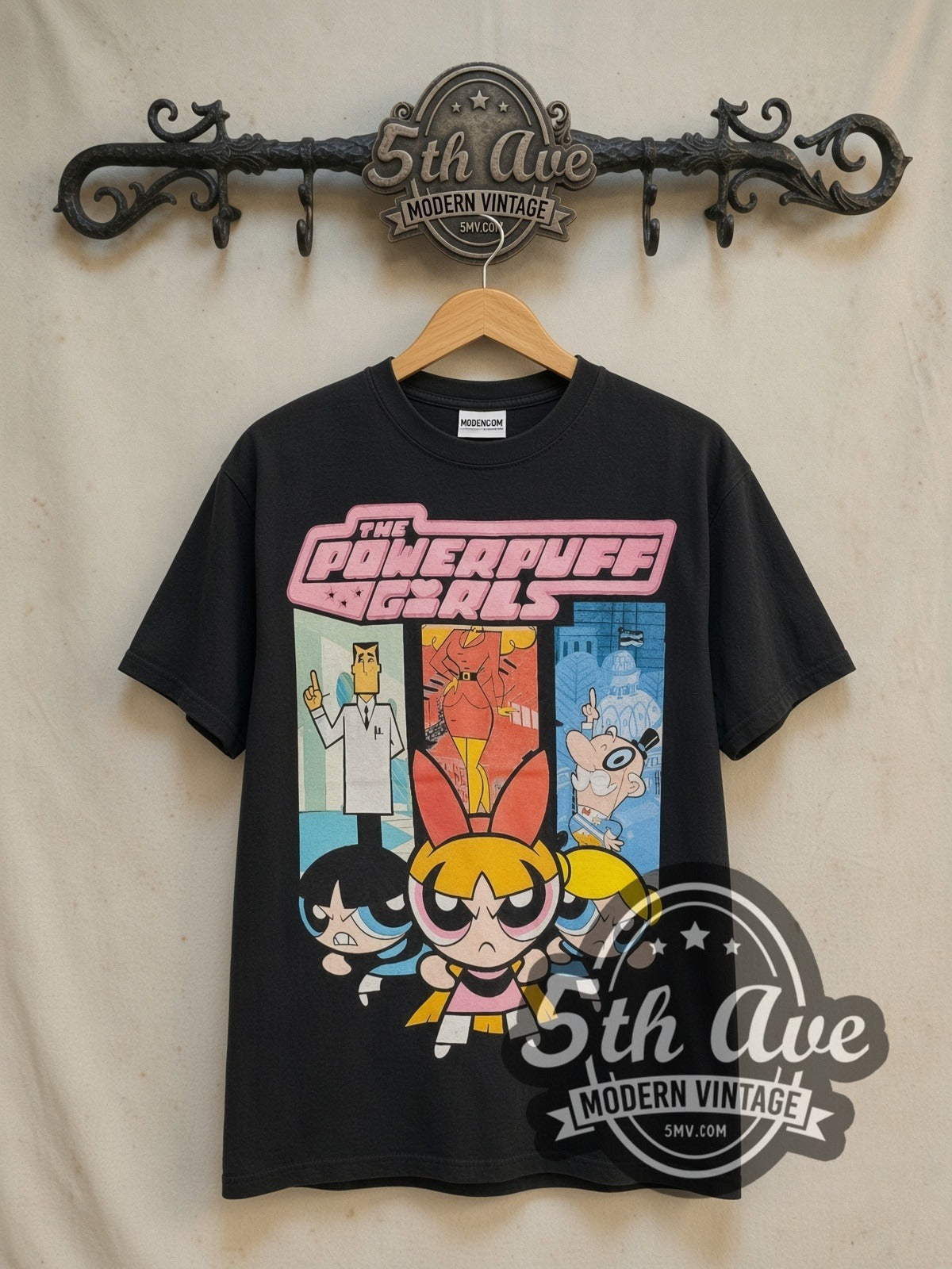 The Powerpuff Girls Professor Utonium and the Powerpuff Girls vintage cartoon tee in black, front view on a display rack
