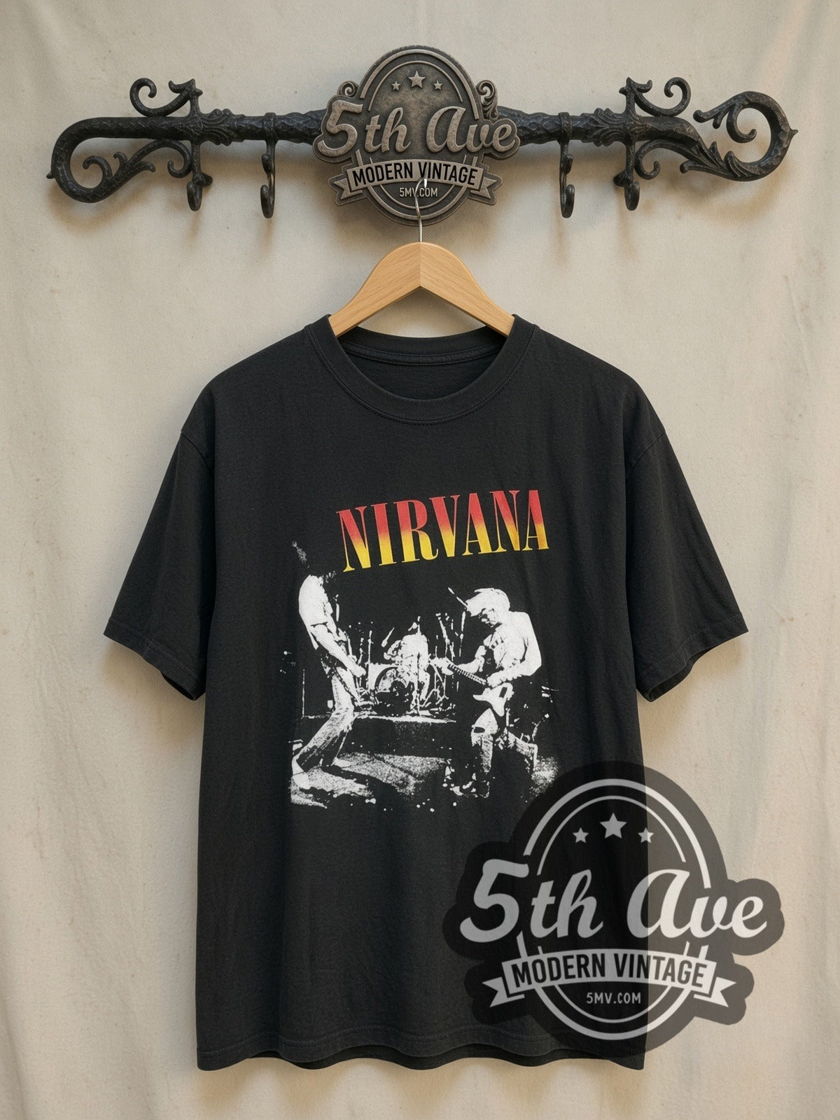 Nirvana Sunset Logo Live Trio Photo vintage band t-shirt, front view on the 5MV rack