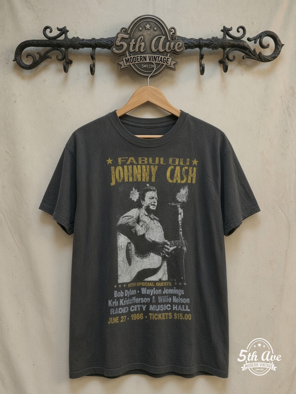 Johnny Cash – Radio City 1986 – Vintage Band T-Shirt — front on locked cream ornate 5th Ave rack