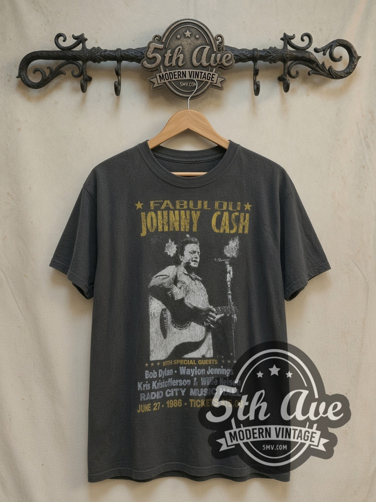 Johnny Cash Radio City 1986 vintage band t-shirt, front view on a display rack
