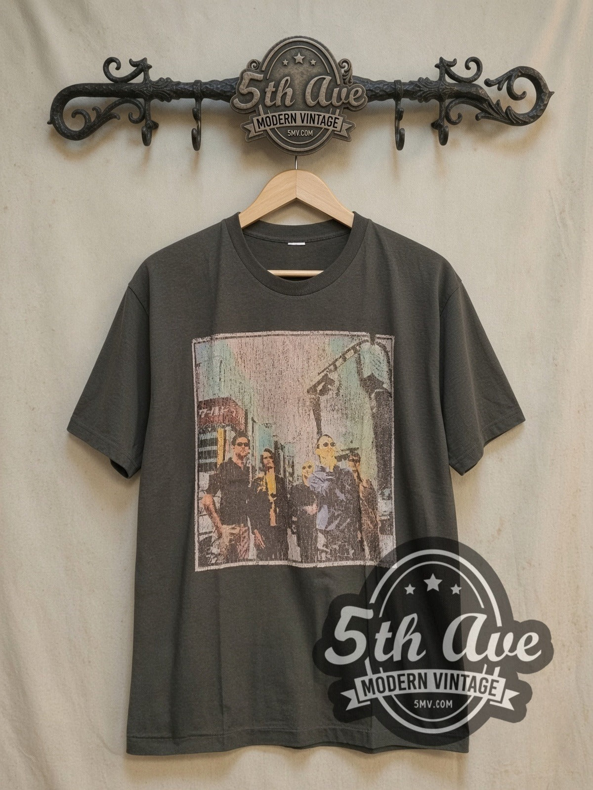 Radiohead Distressed Urban Band Photo Charcoal vintage band t-shirt, front view on the 5MV rack