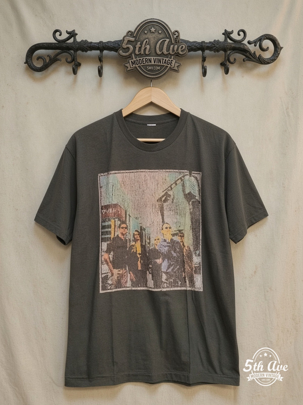 Radiohead – Distressed Urban Band Photo Charcoal – Vintage Band T-Shirt front on locked cream ornate 5th Ave rack