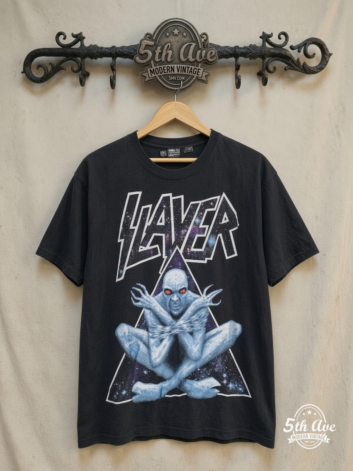 Slayer – Divine Intervention Bound Monster Triangle – Vintage Band T-Shirt — front on locked cream ornate 5th Ave rack