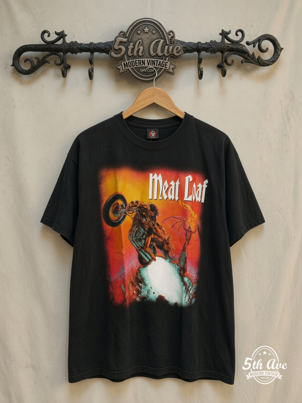 Meat Loaf – European Tour 1999 – Vintage Band T-Shirt — front on locked cream ornate 5th Ave rack