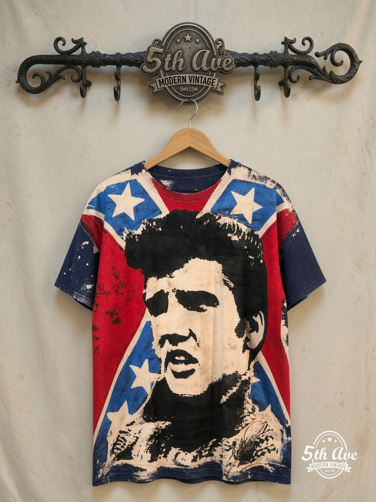 Elvis Presley – King of Rock and Roll – All Over Print – Vintage Band T-Shirt — front on locked cream ornate 5th Ave rack
