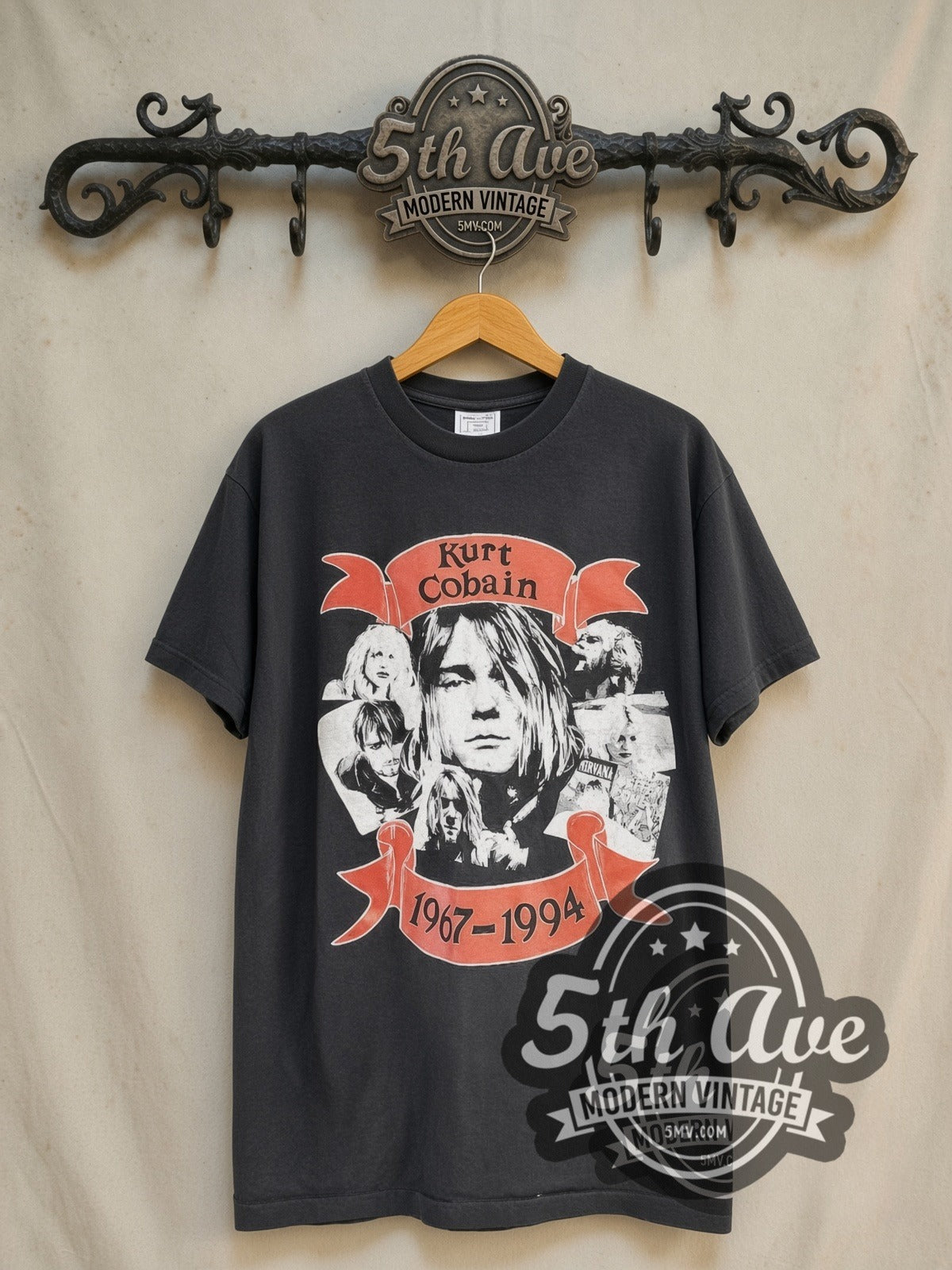Nirvana 1967–1994 vintage band t-shirt in black, front view on the 5MV rack