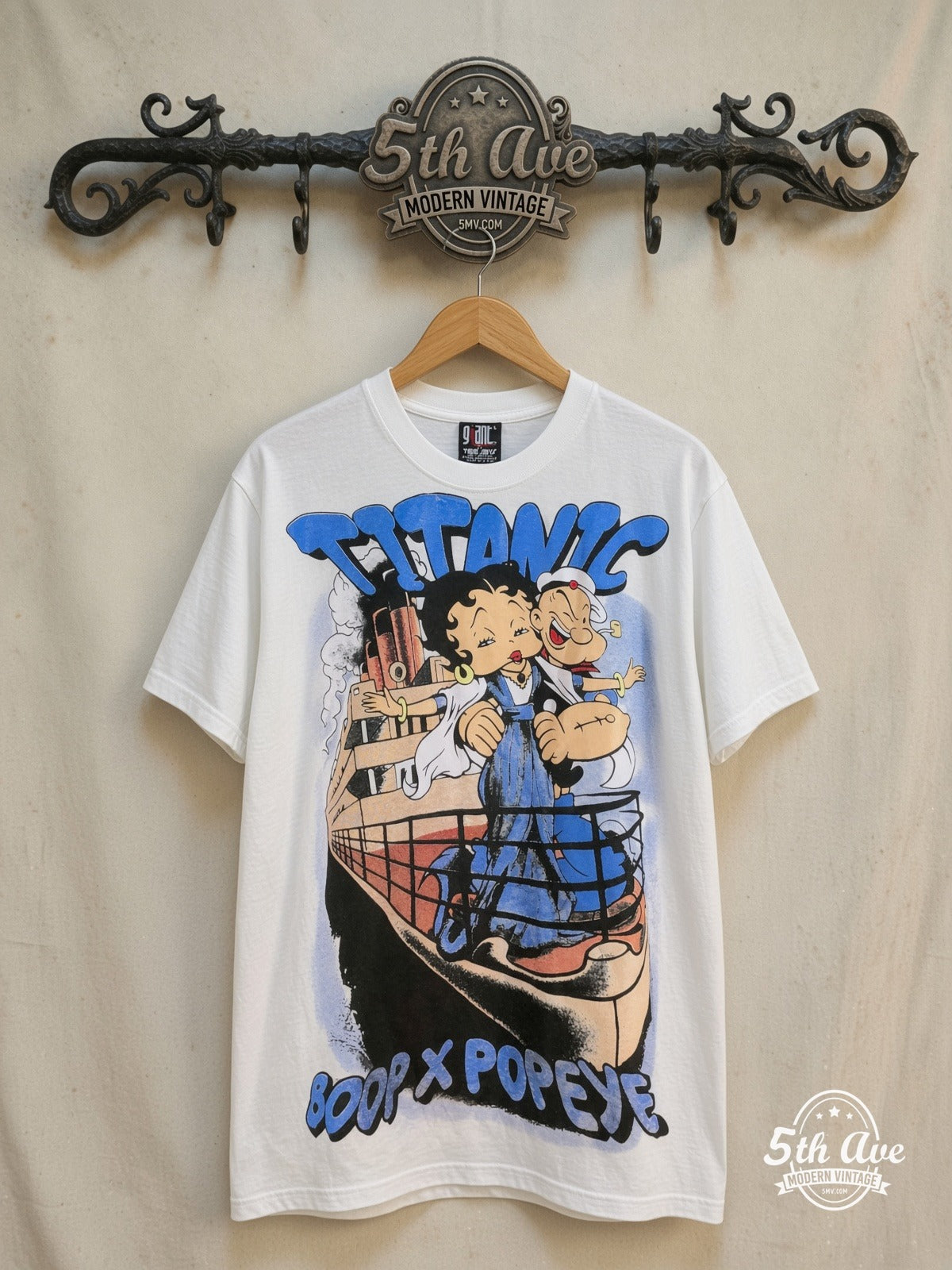 Betty Boop – Betty Boop, Popeye and Titanic – All Over Print – New Vintage Graphic Tee — front on locked cream ornate 5th Ave rack