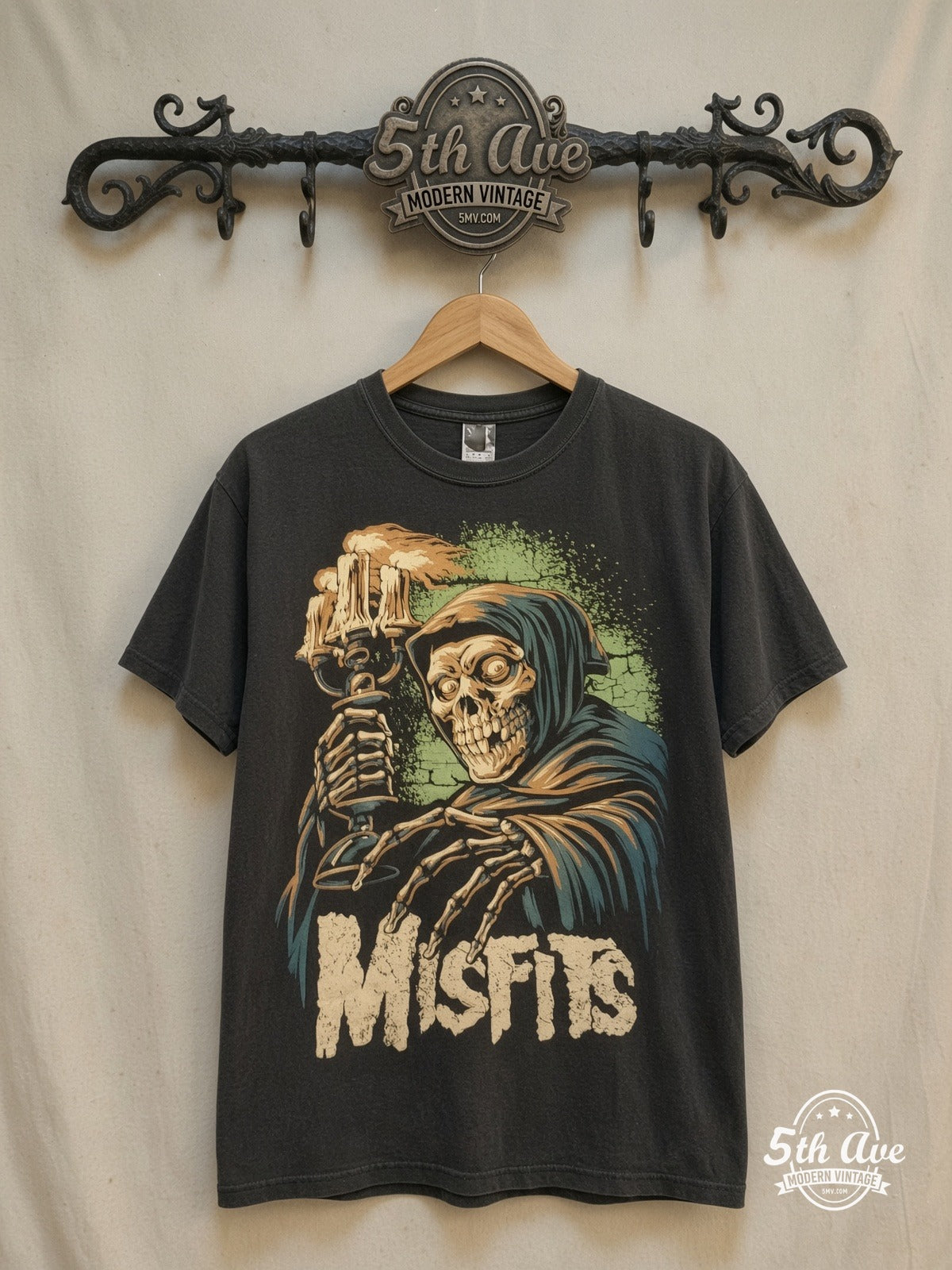 Misfits New Vintage 100% Cotton Band T-Shirt – Vintage Band T-Shirt — front on locked cream ornate 5th Ave rack